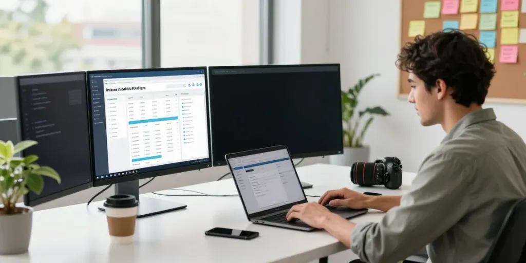 Marketer exploring instant indexing tools in a modern workspace, showcasing digital strategies for SEO.
