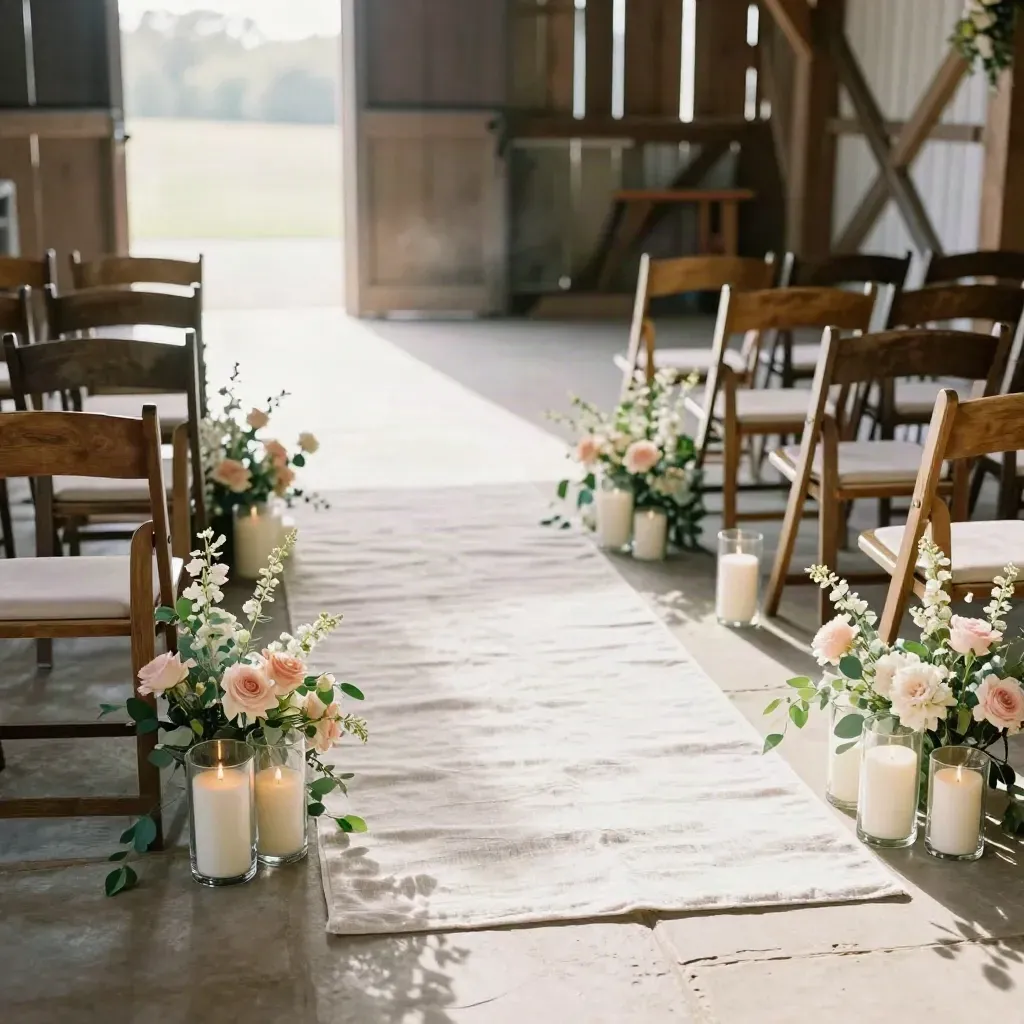 Barn wedding aisle with linen runners, candles and blush florals in warm daylight