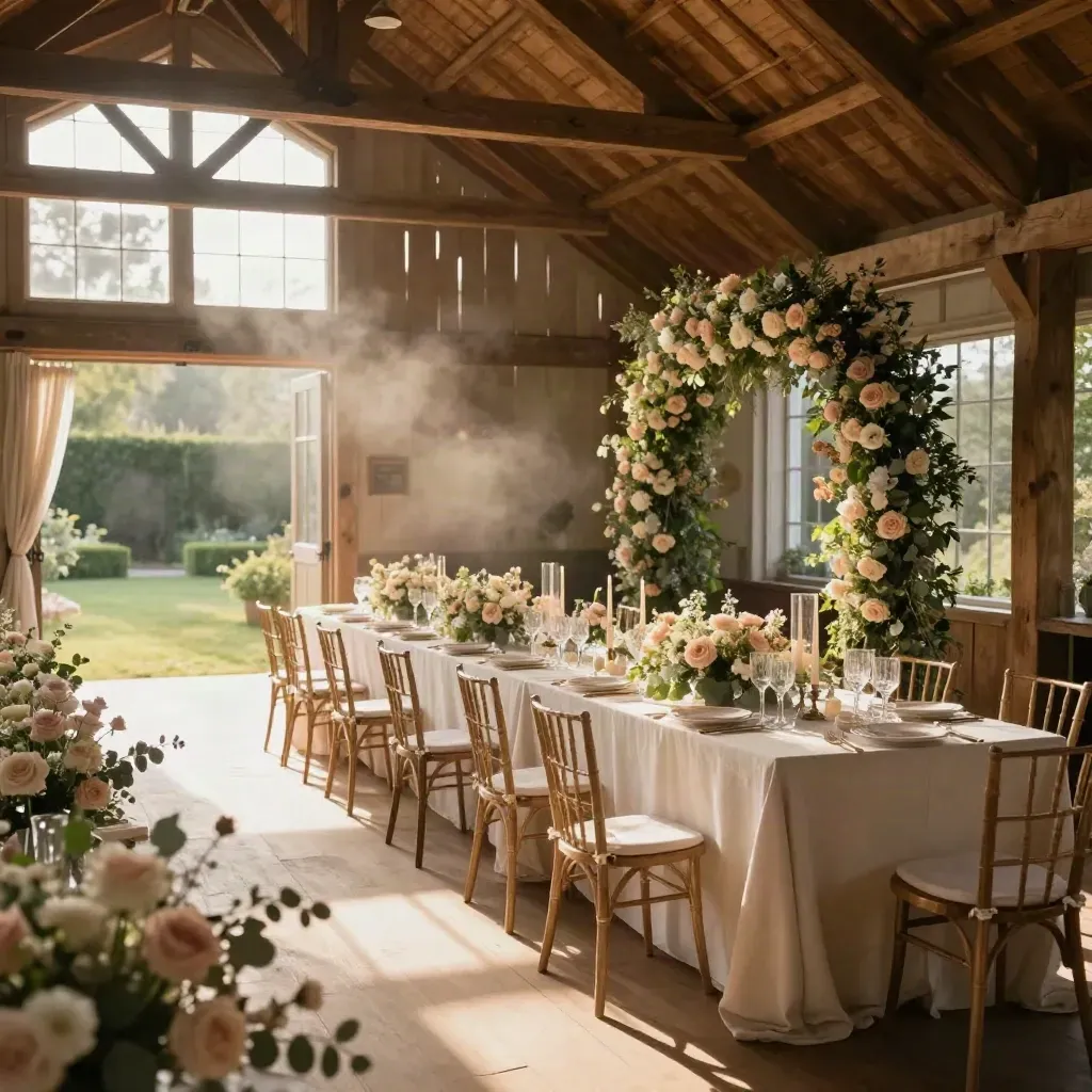 Rustic barn marquee wedding reception with floral arch, linen tables, candles and open garden doors.