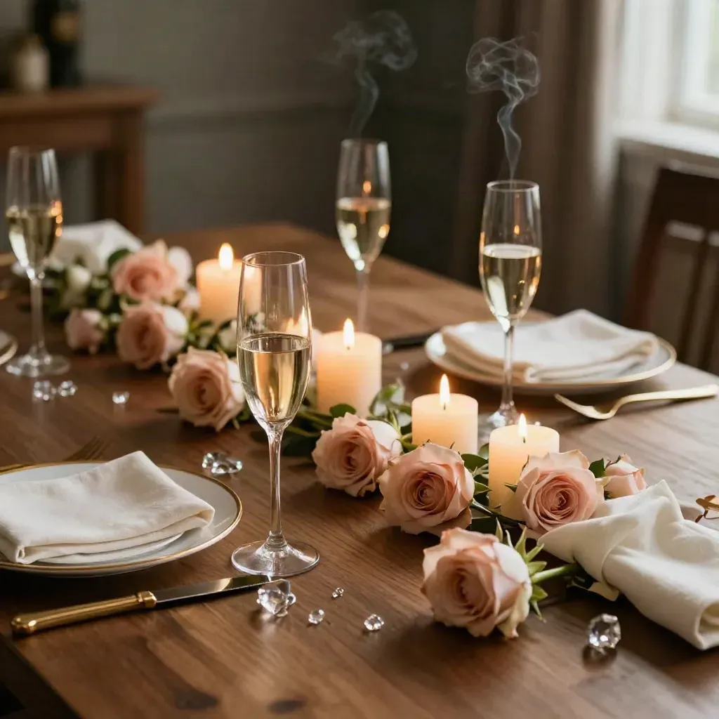 Anniversary dinner table with candles, champagne coupes, roses, and gold-rimmed china