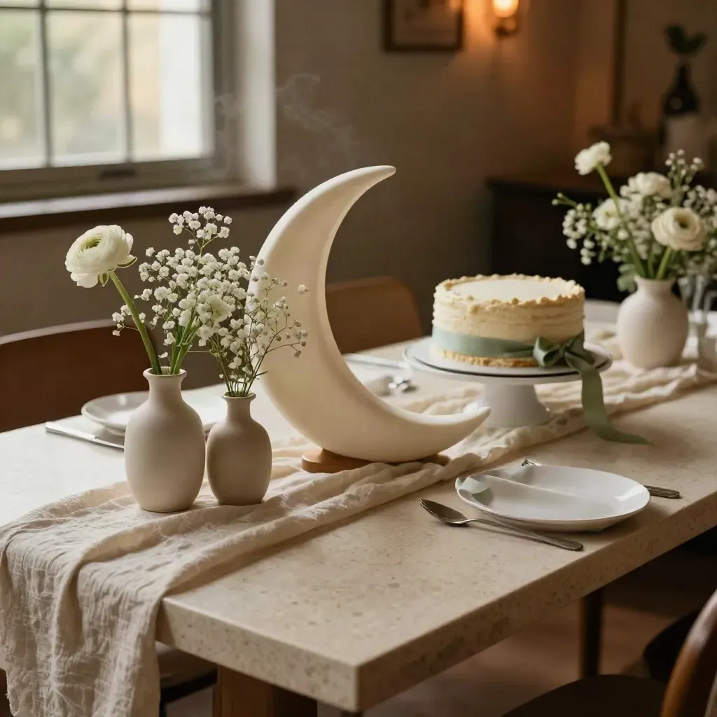 Baby shower tablescape with linen drape, cream vases, soft florals and a moon-shaped cake stand.