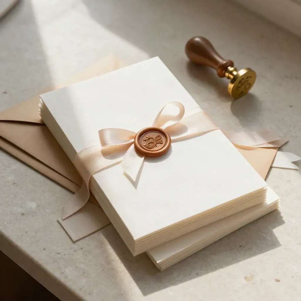 Flatlay of invitation cards with vellum wraps, wax seals and ribbon on a sunlit table.