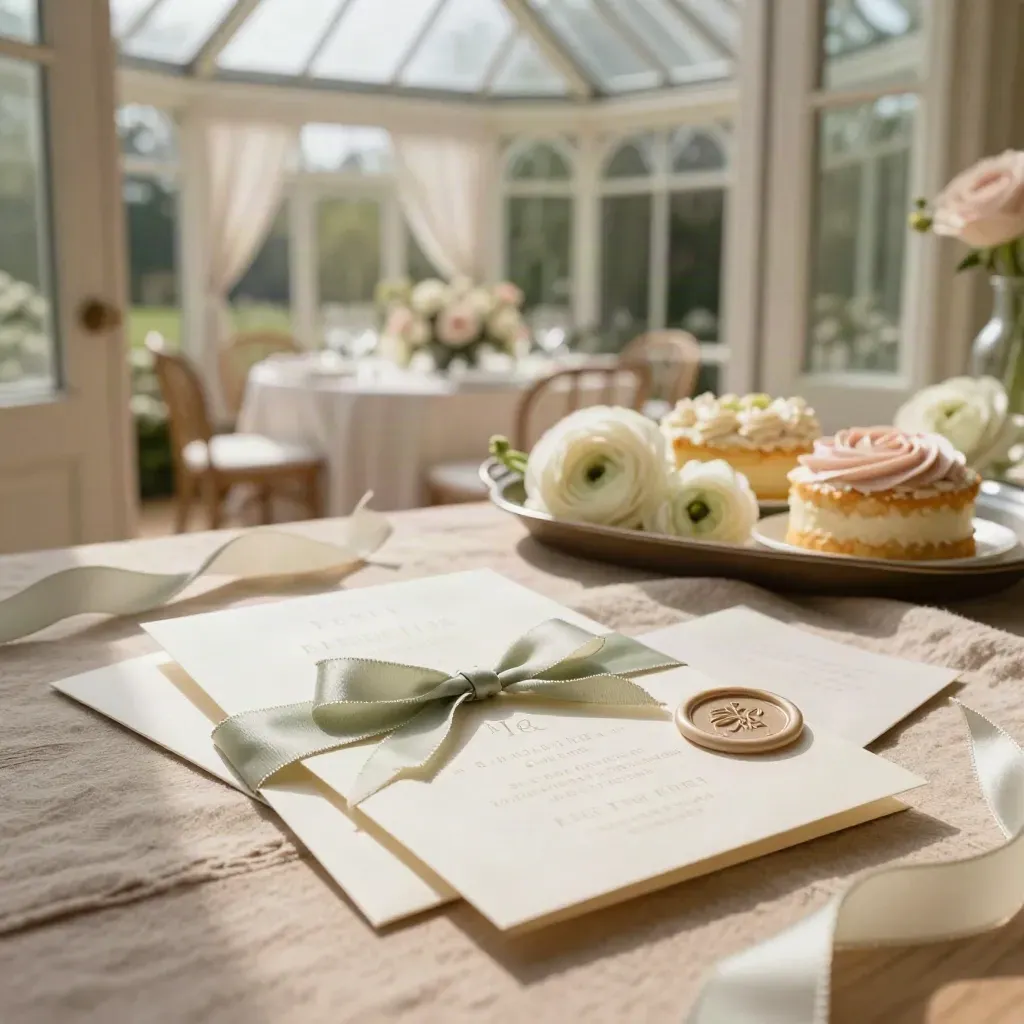 Macro of sage-and-cream baby shower invitations with florals and cakes in a conservatory