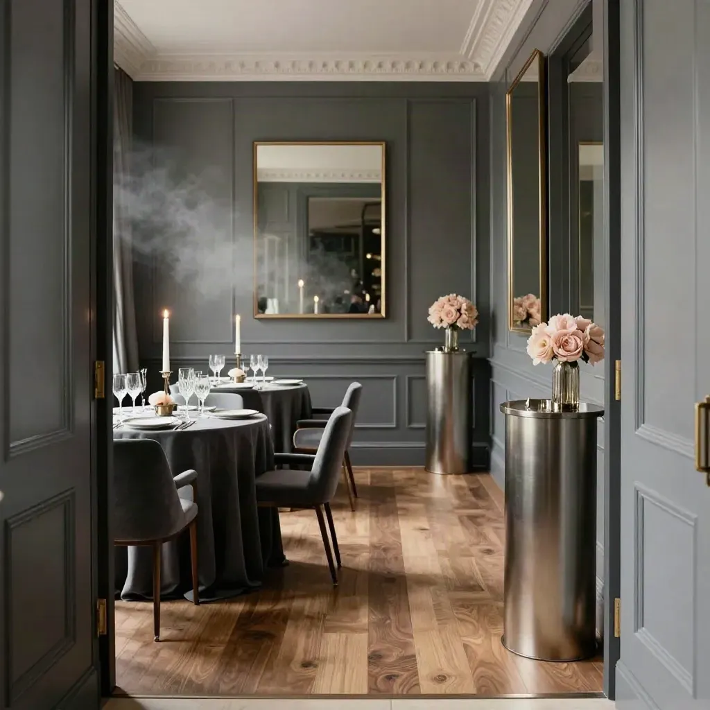 Private London dining room set for an anniversary dinner, viewed low from the entrance.