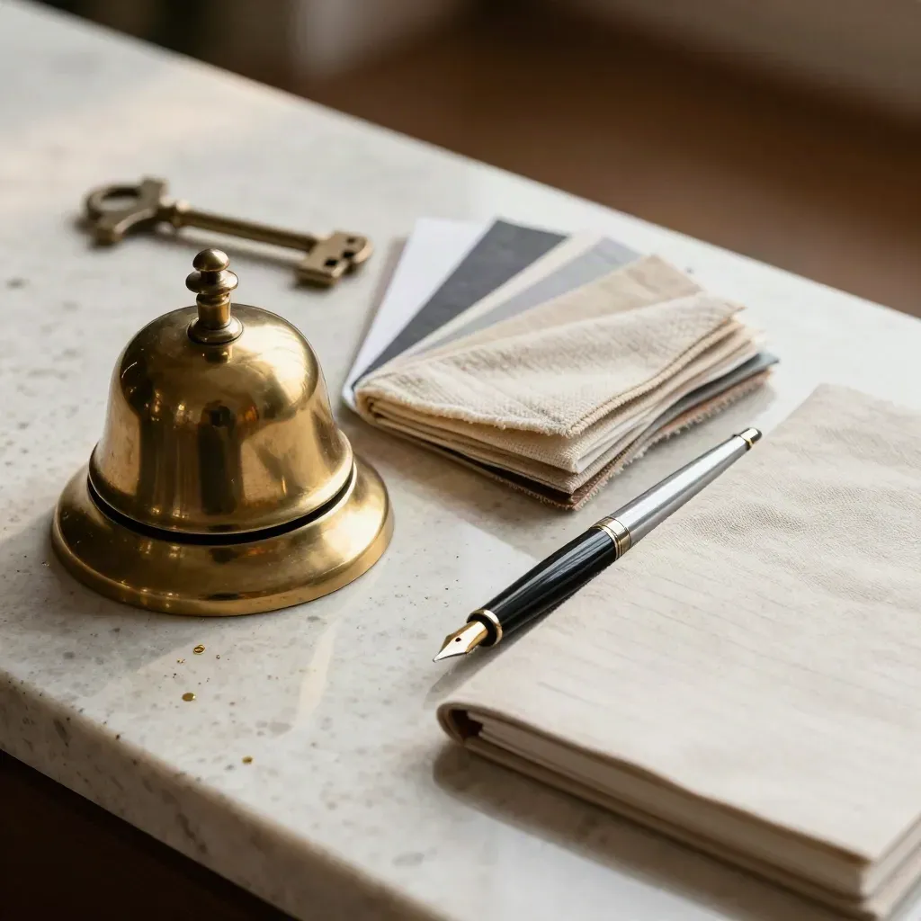Macro still life of planner tools: brass bell, fabric swatches, pen and linen cover on travertine.