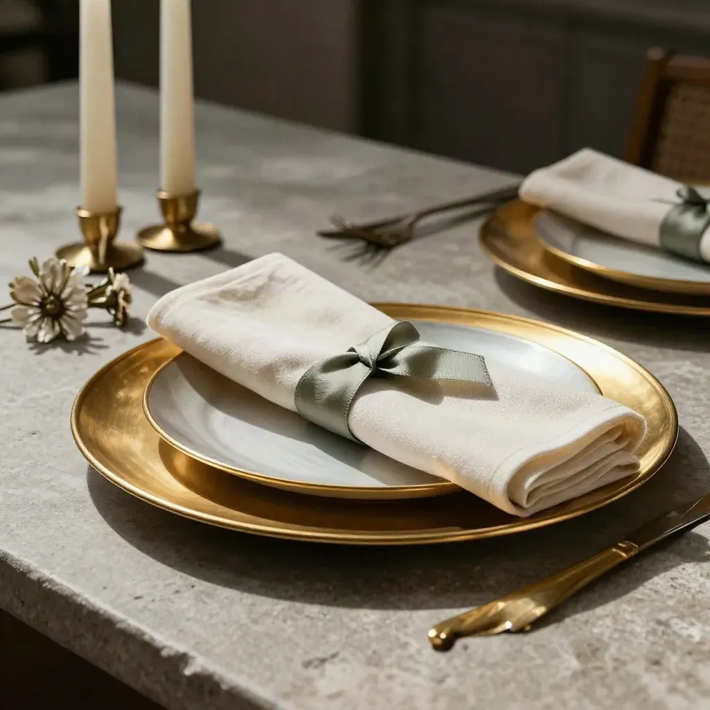 Gold-rim charger plates, candles, napkin, and floral snips on a stone worktop
