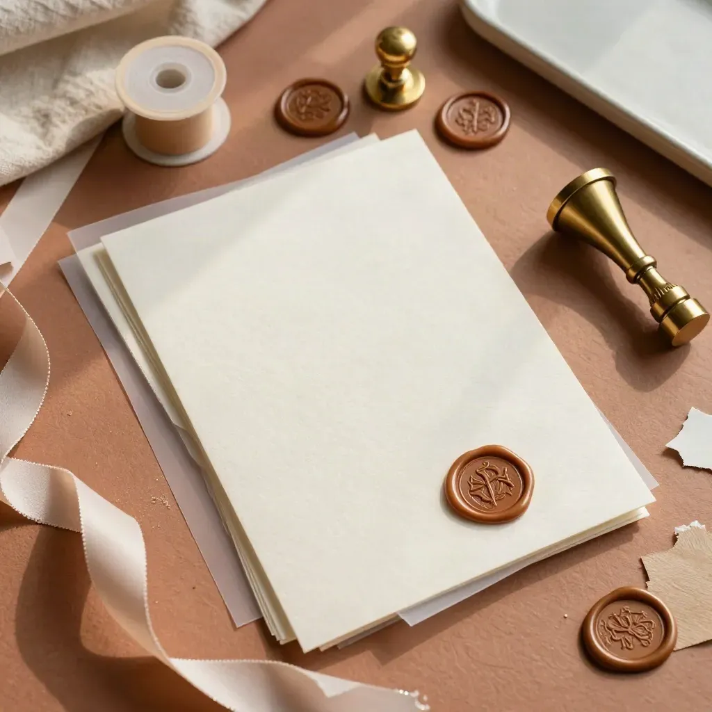 Invitation suite materials with wax seals, vellum and brass punch on a terracotta worktop.