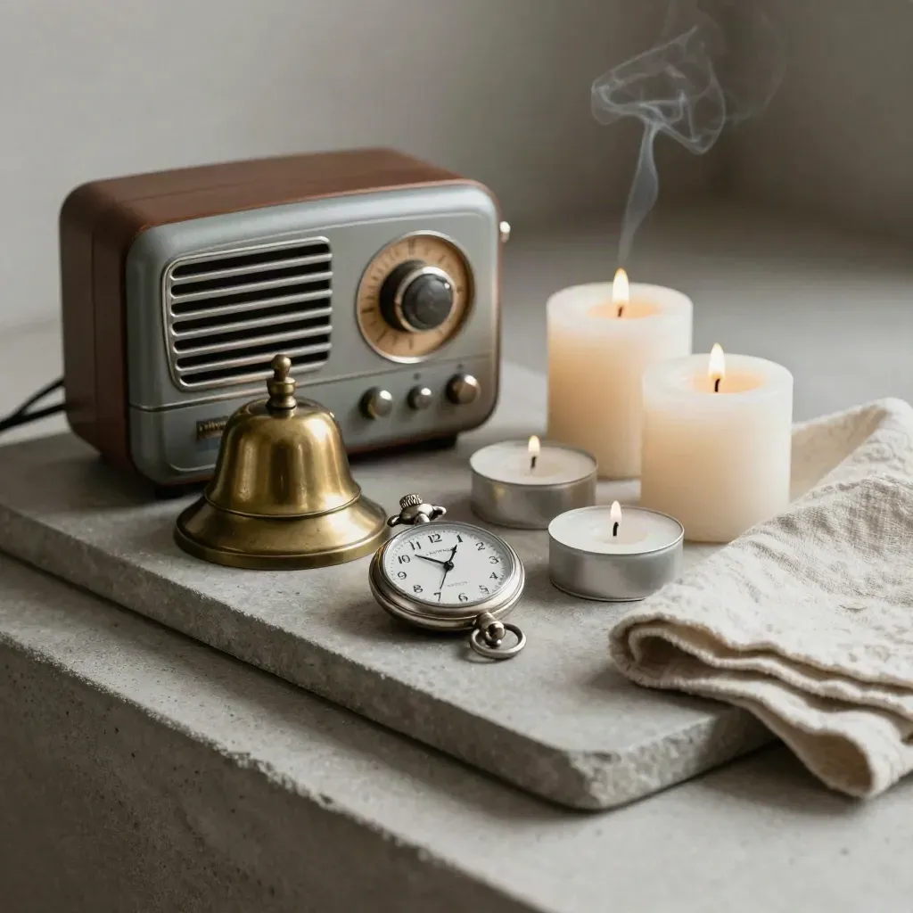 Pocket watch, brass bell, radio and taper candles on a stone tray with folded linen.