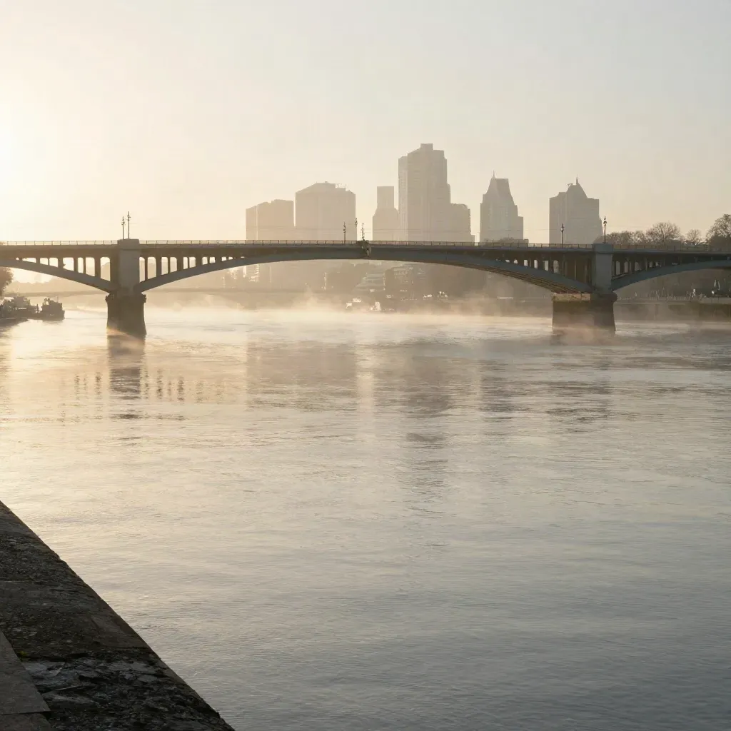 London skyline and bridge over the Thames in dawn haze, calm water below for headline copy.