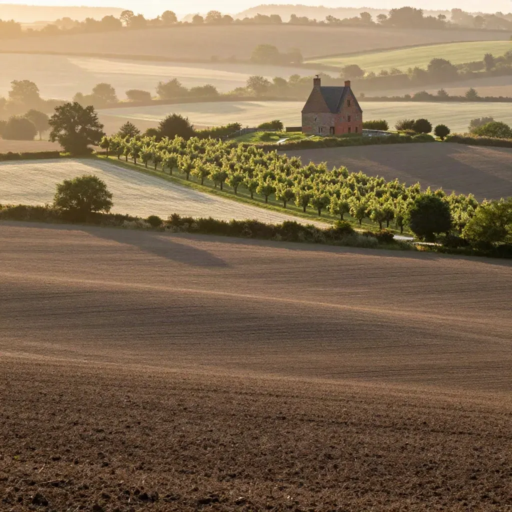 Golden Kent hop fields with an oast house on a ridge above orchard rows.