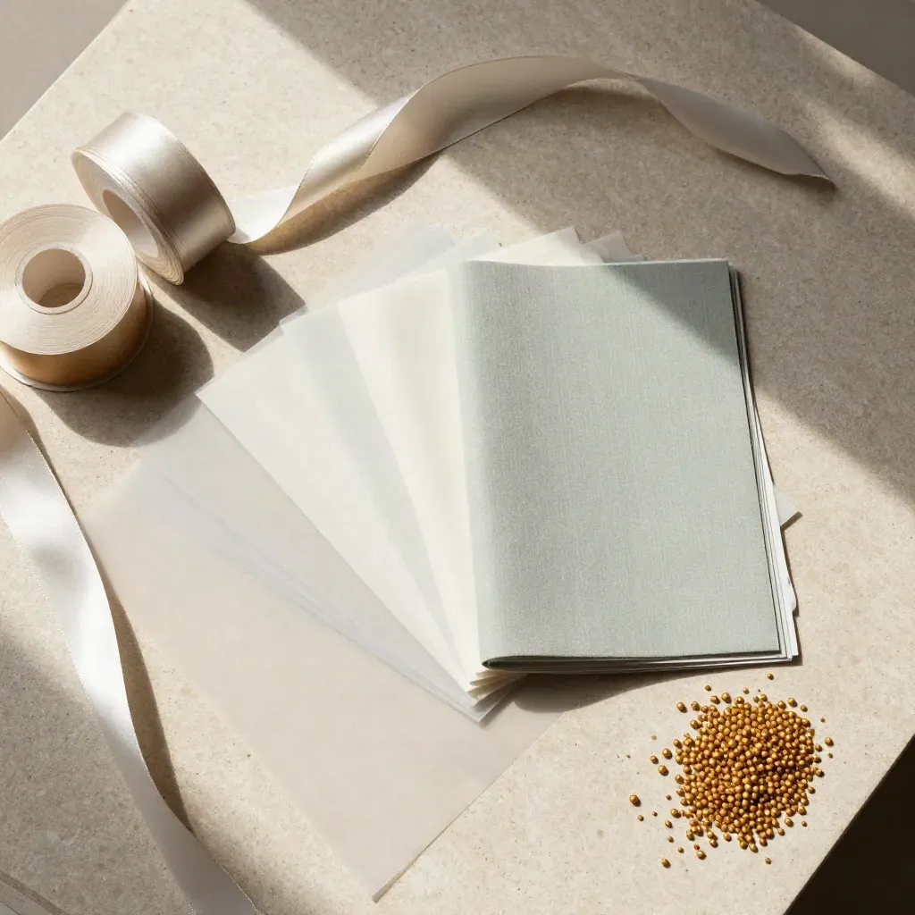 Overhead flatlay of vellum, ribbon reels, wax pellets and a fanned swatch book on limestone.