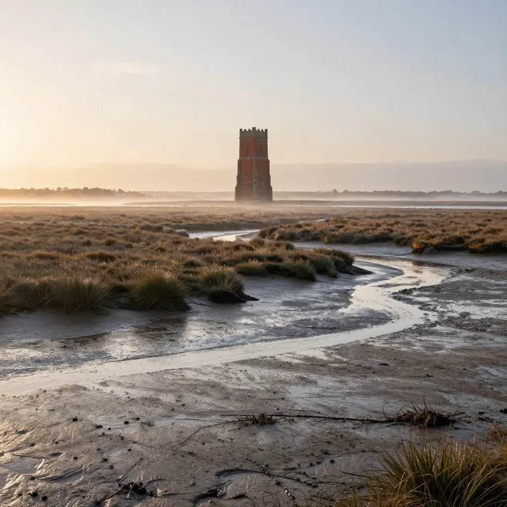 Essex saltmarsh with a weathered brick church tower above reflective mudflats at sunset.