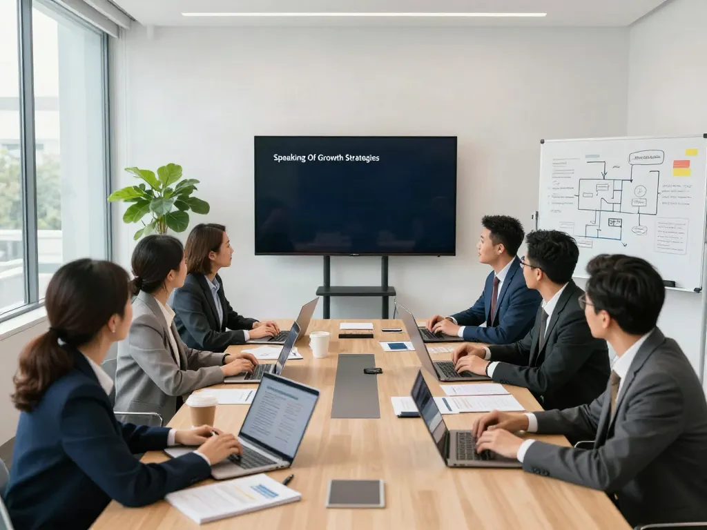 Business professionals collaborating on growth strategies, speaking of new ideas in a bright conference room.